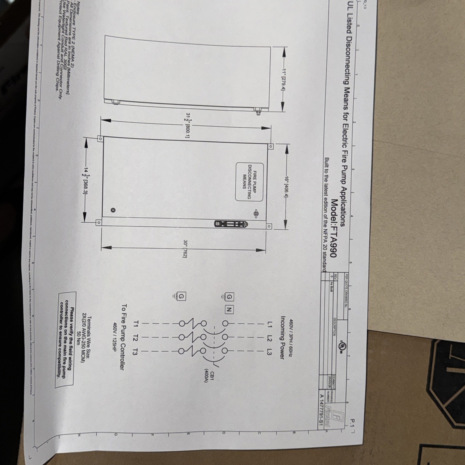 firetrol FTA990-M125B Fire Pump Controller Disconnect 125HP 3PH