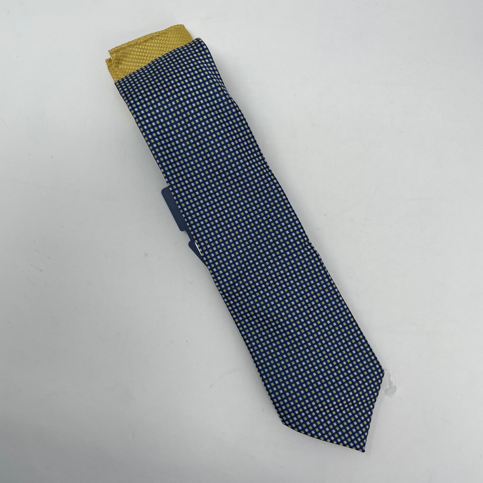 US Polo Assn Mens Navy Blue Yellow Micro Check Tie and Pocket Square Set NEW