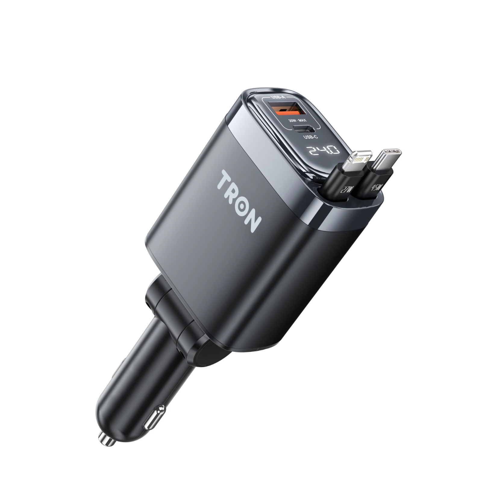 TRON 105W 4-in-1 Retractable Car Charger with LCD Display for iPhone & Android