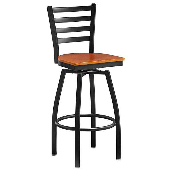 Black Ladder Back Swivel Metal Restaurant Barstool With Cherry Wood Seat
