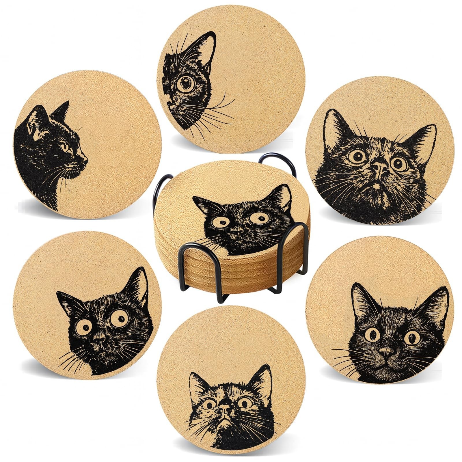 Coasters for Drinks with Holder Set of 6, Curious Cat Cork Coaster Absorbent ...