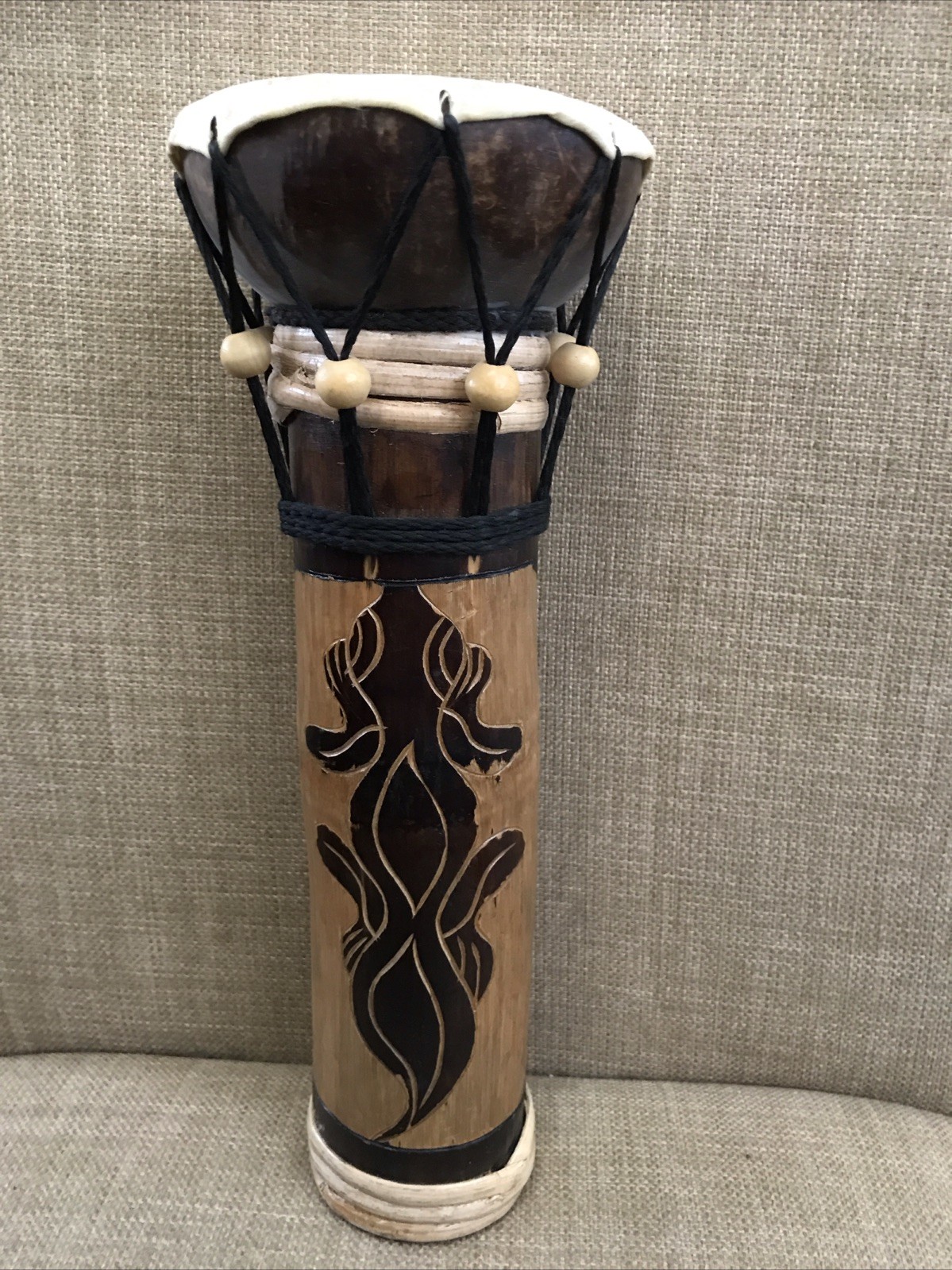 Tribal Djembe Drum -Carved Lizard Design -Tiki Coconut Bamboo 11.5" Tall