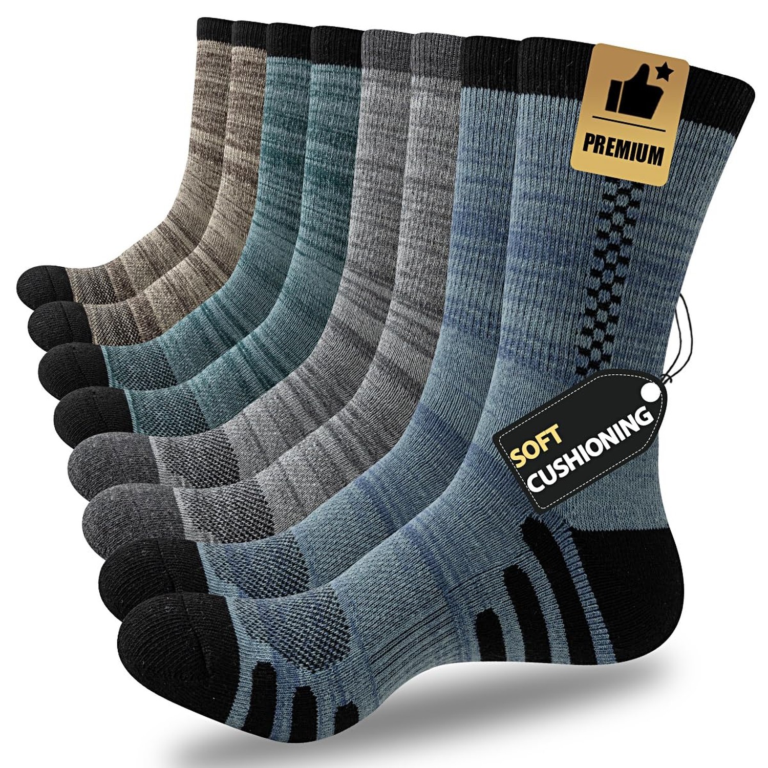JOYNÉE 8 Pairs Mens Crew Athletic Work Long Socks Calf Cushioned Socks for