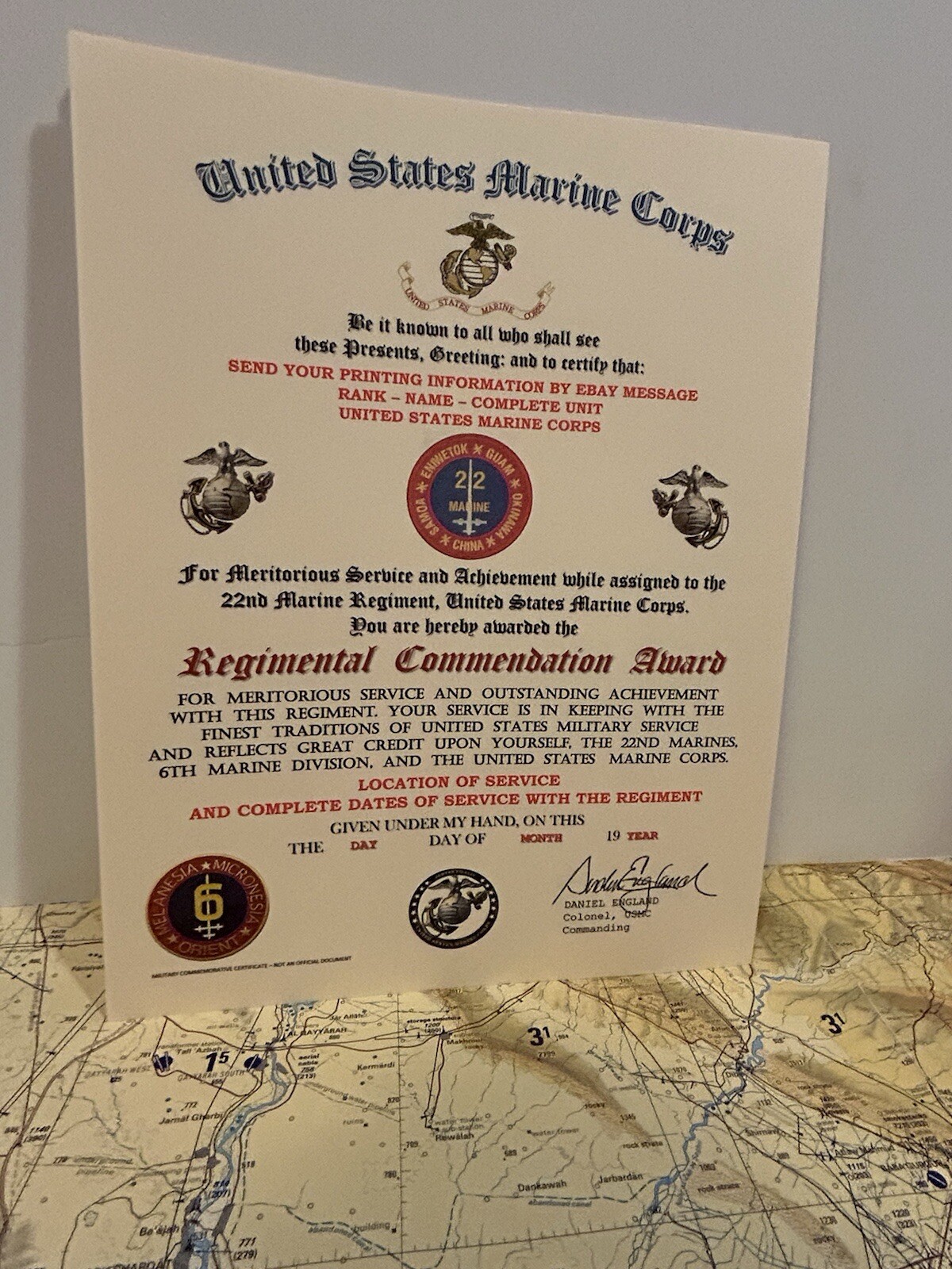 U.S.M.C. / 22ND MARINE REGIMENT - REGIMENTAL COMMENDATION AWARD CERTIFICATE
