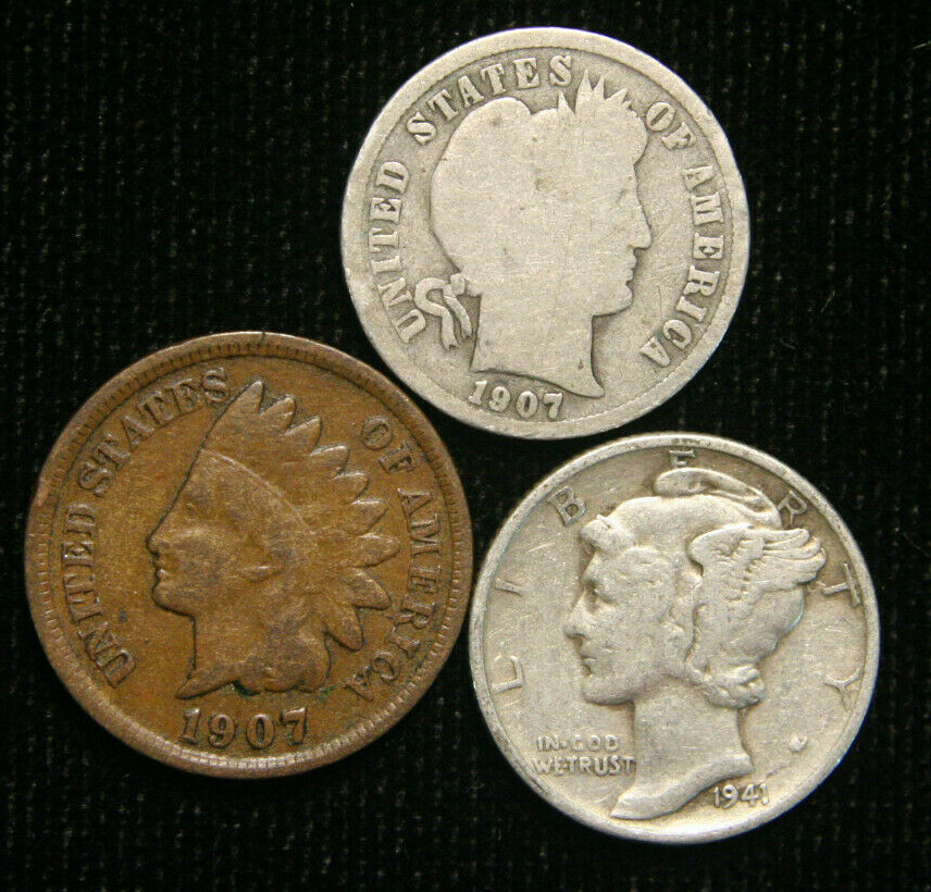 Old US Coin Estate Lot Barber Dime Indian Head Cent Mercury Dime 3 Coin Set