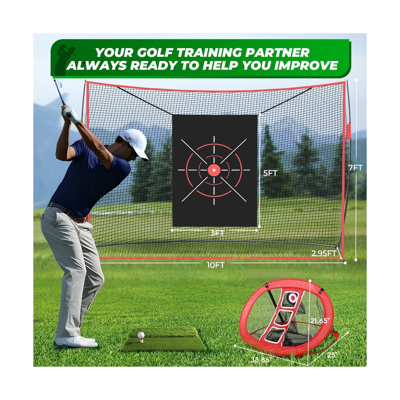 Golf Net Set, 10 x 7ft Heavy Duty Golf Practice Net with Chipping Practice Ne...