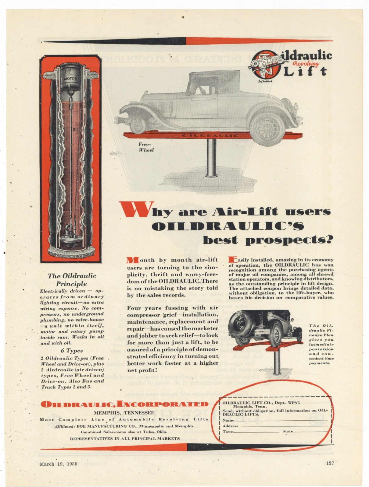 1930 Oildraulic Lift Co. of Memphis Tennessee Ad: Automobile Revolving Lifts