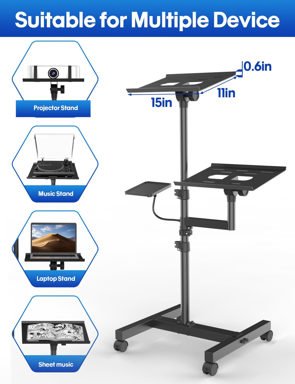 ORWOD Dual Shelf Projector & Laptop Tripod Stand, Mobile, Adjustable Height