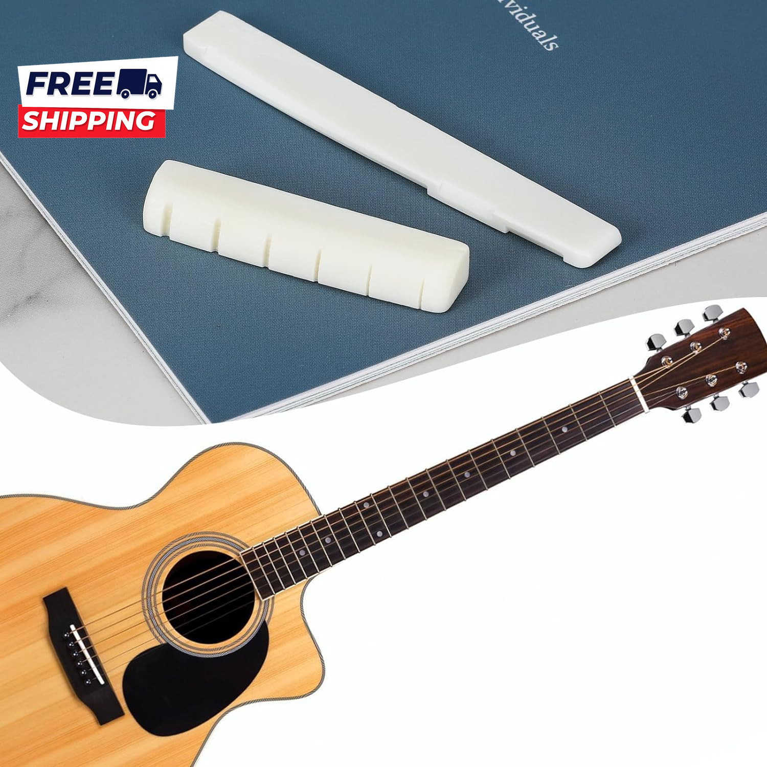 6 String Acoustic Guitar Bone Bridge Saddle and Nut Made of Real Bone