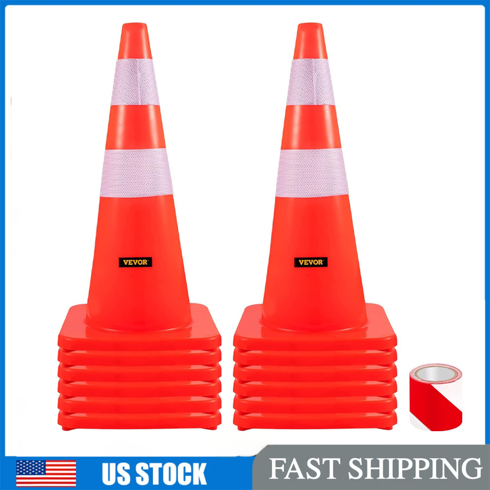 28" 12Pcs Orange PVC Traffic Cone Reflective Collar Black Base Safety Cone