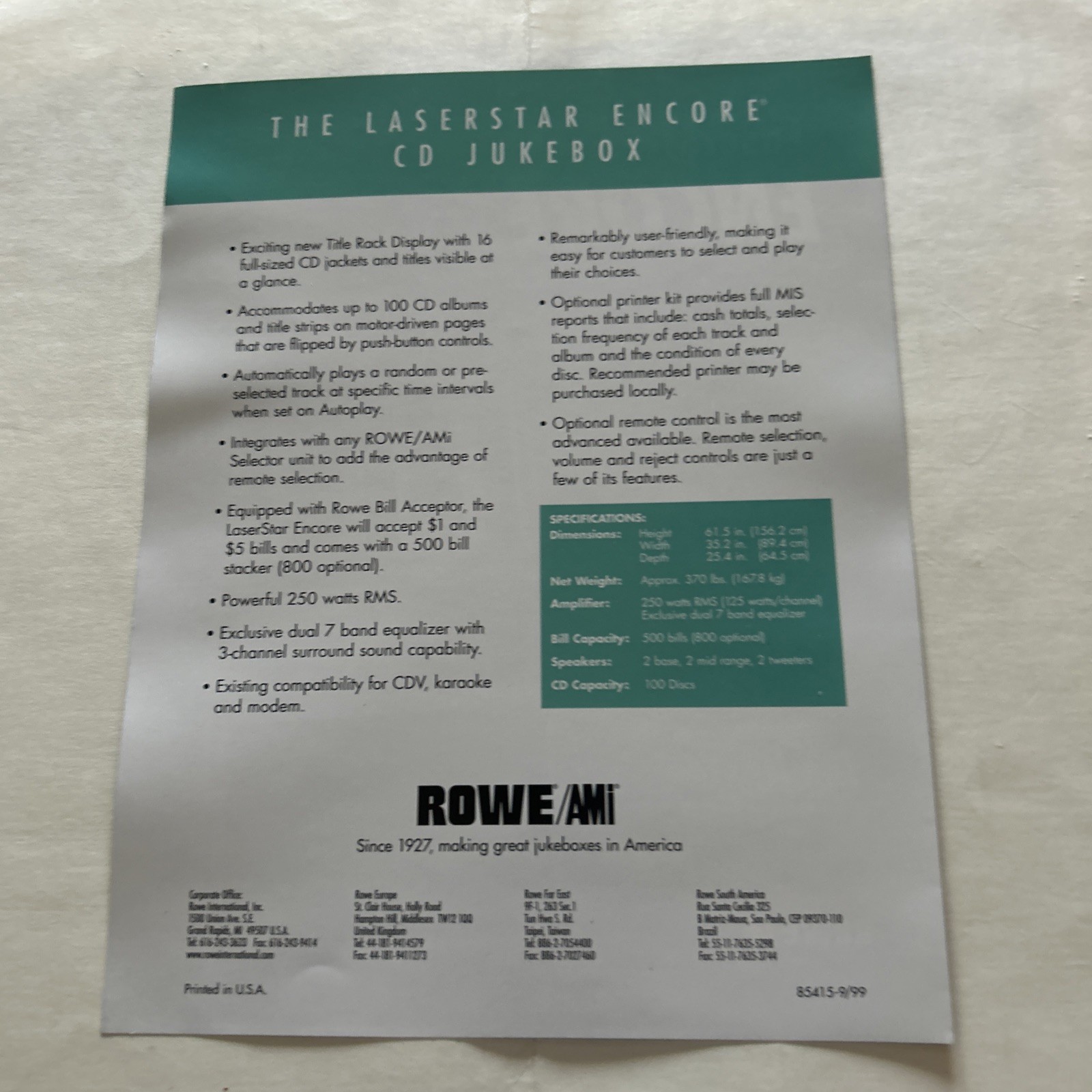 Original Factory Jukebox Ami-Rowe Laserstar Cd Encore FLYER