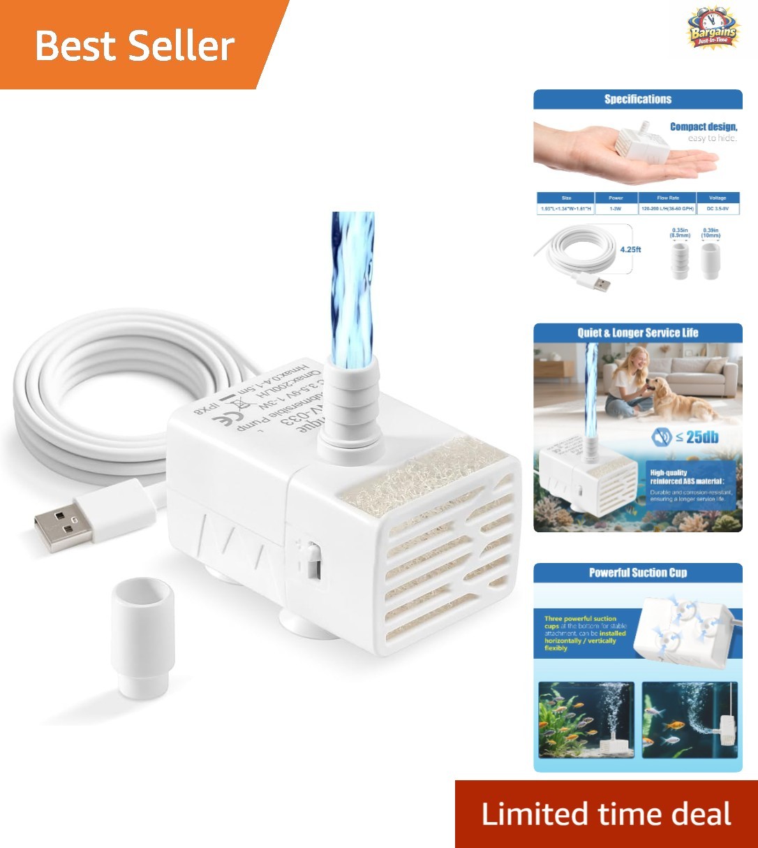 Sponge Filtered Submersible Pump - 200L/H USB Pump for Fish Tanks & Hydroponics