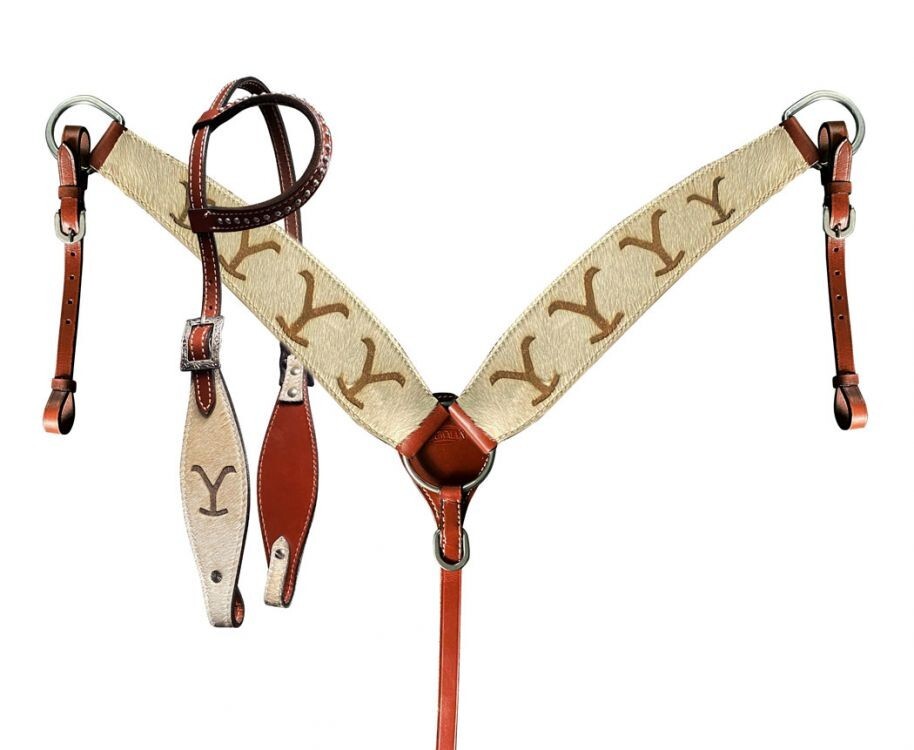 Hair On Cowhide with 'Y' Brand One Ear Headstall & Breast Collar Set & Reins NEW