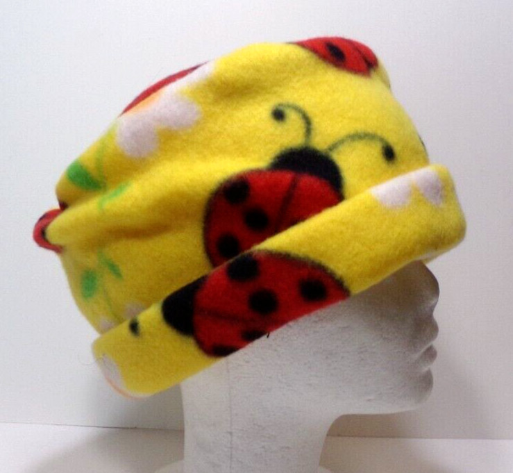 CHILD SIZE  YELLOW LADY BUG  POLAR  FLEECE ROLL BRIM WINTER HAT  STRETCHY  h88cr