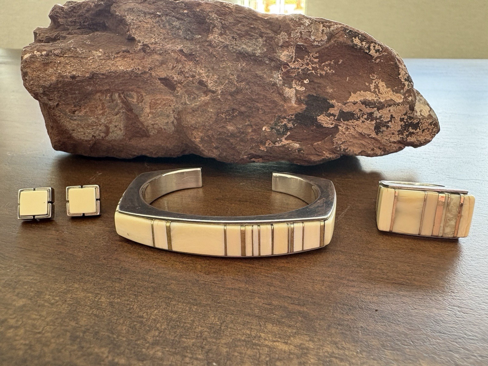 Luis Mojica Modernist Sterling 14k Gold Fossil Inlaid Native Ring Cuff Lot Hopi