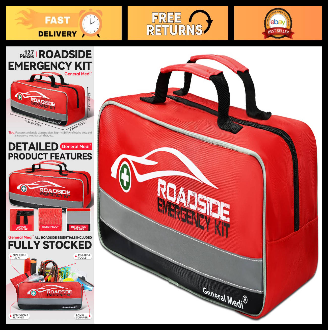 127-Piece Roadside Emergency Kit - First Aid, Jumper Cables, Tow Rope, Safety Ve