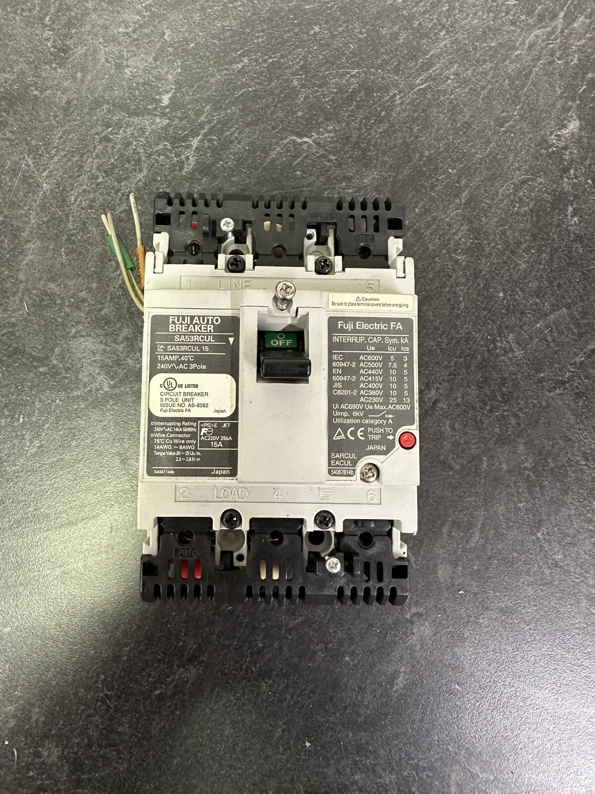FUJI ELECTRIC SA53RCUL 15 CIRCUIT BREAKER 3 POLE 15A 240VAC 50/60HZ