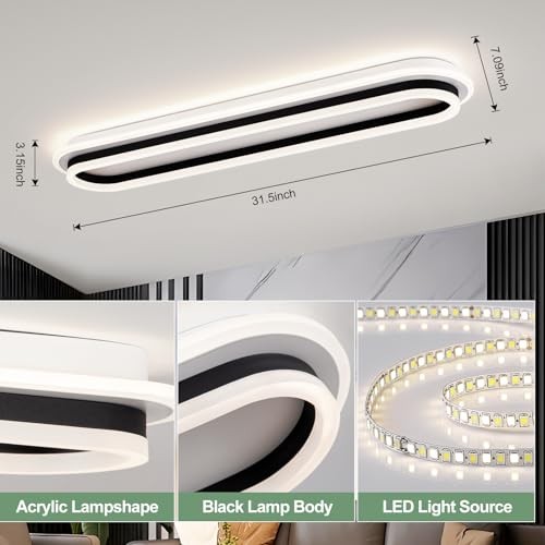 Modern Linear Ceiling Light, 31.5Inch Dimmable LED Flush Mount Ceiling Black