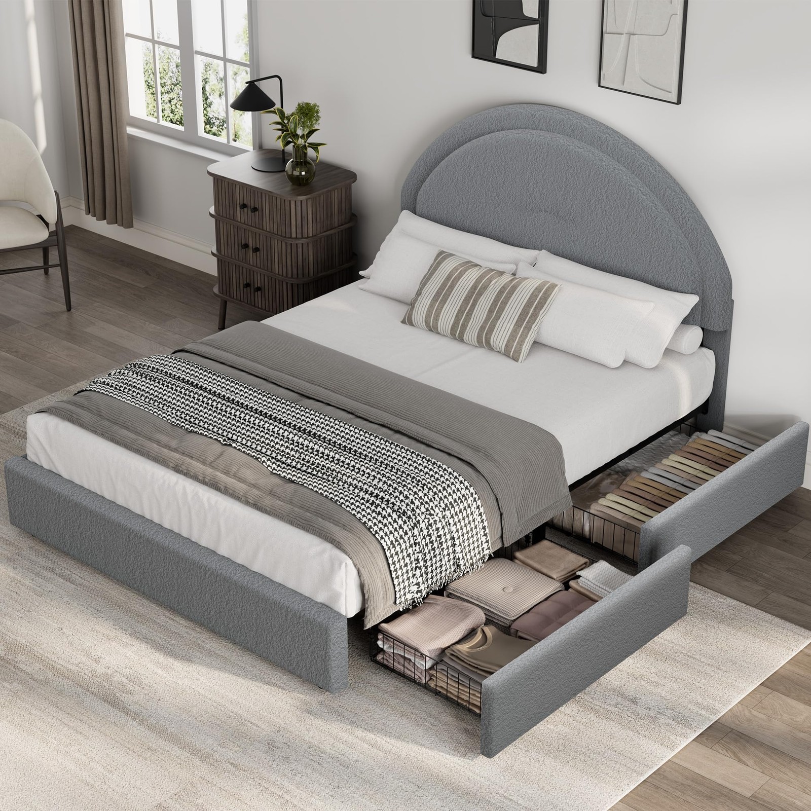 Queen Size Bed Frame ,Upholstered Platform Bed with Headboard & 2 Drawers ,Gray