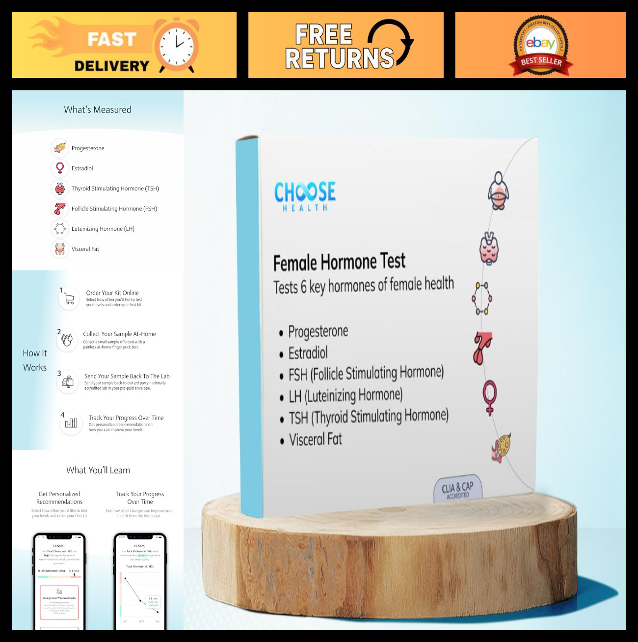 6-in-1 At-Home Female Hormone Test Kit | Progesterone, Estradiol, LH, FSH, TSH |