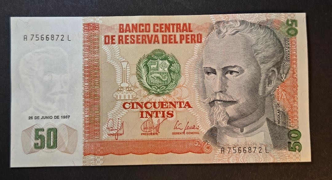 Peru 50 Intis banknote from 1987 appears uncirculated