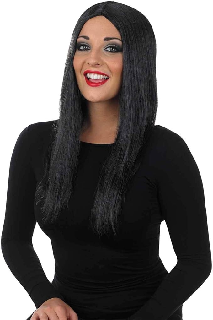 Women`s Long Black Straight Wig For Morticia Addams Family Halloween Costume