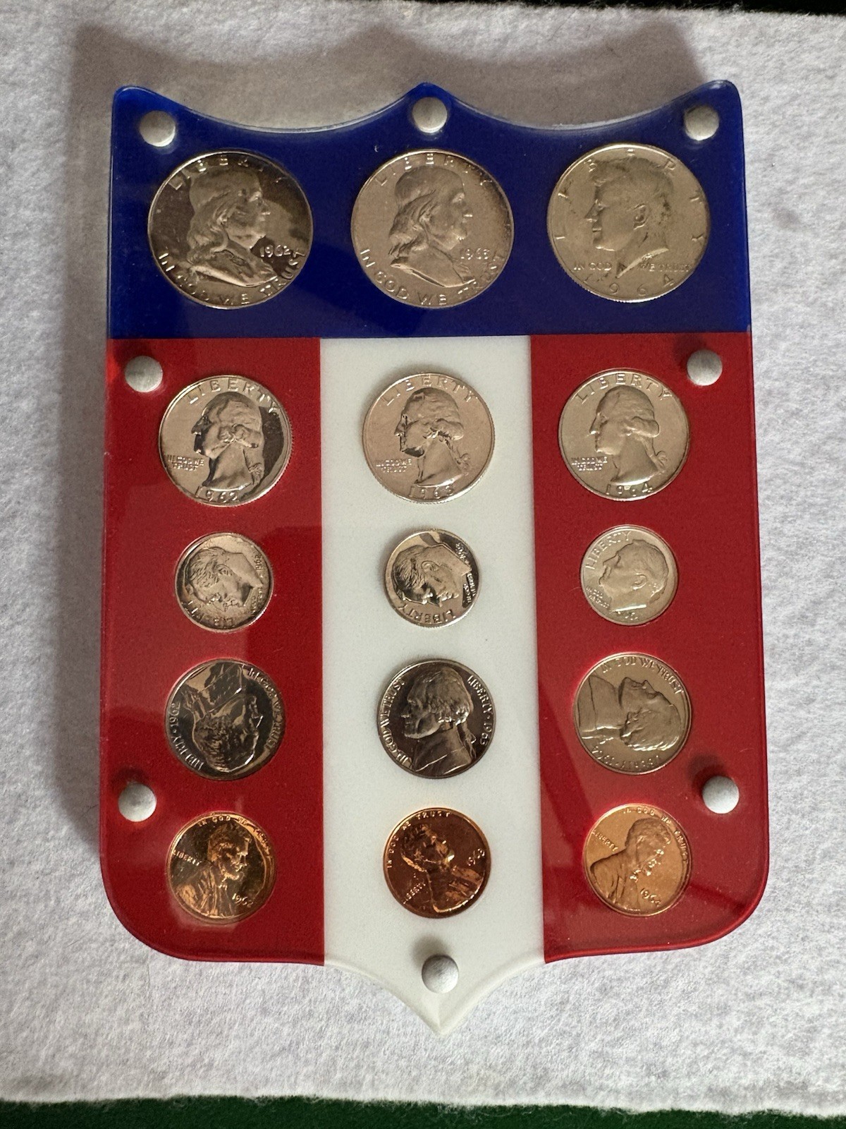 3 Silver Proof Sets 1962, 1963 & 1964 in Red, White and Blue Shield Holder, UNC