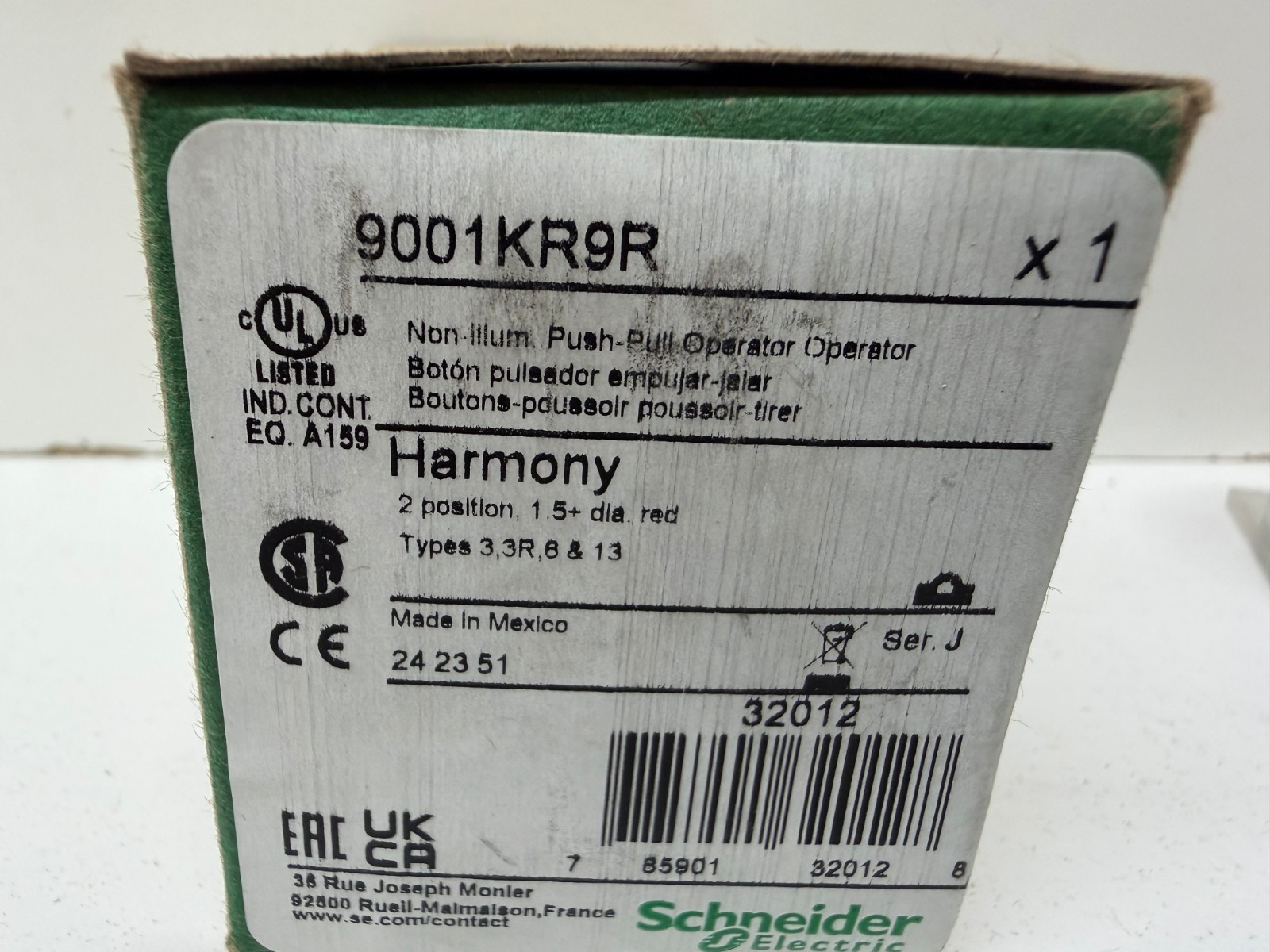 NEW IN BOX! SCHNEIDER ELECTRIC HARMONY PUSH-PULL OPERATOR BUTTON 9001KR9R