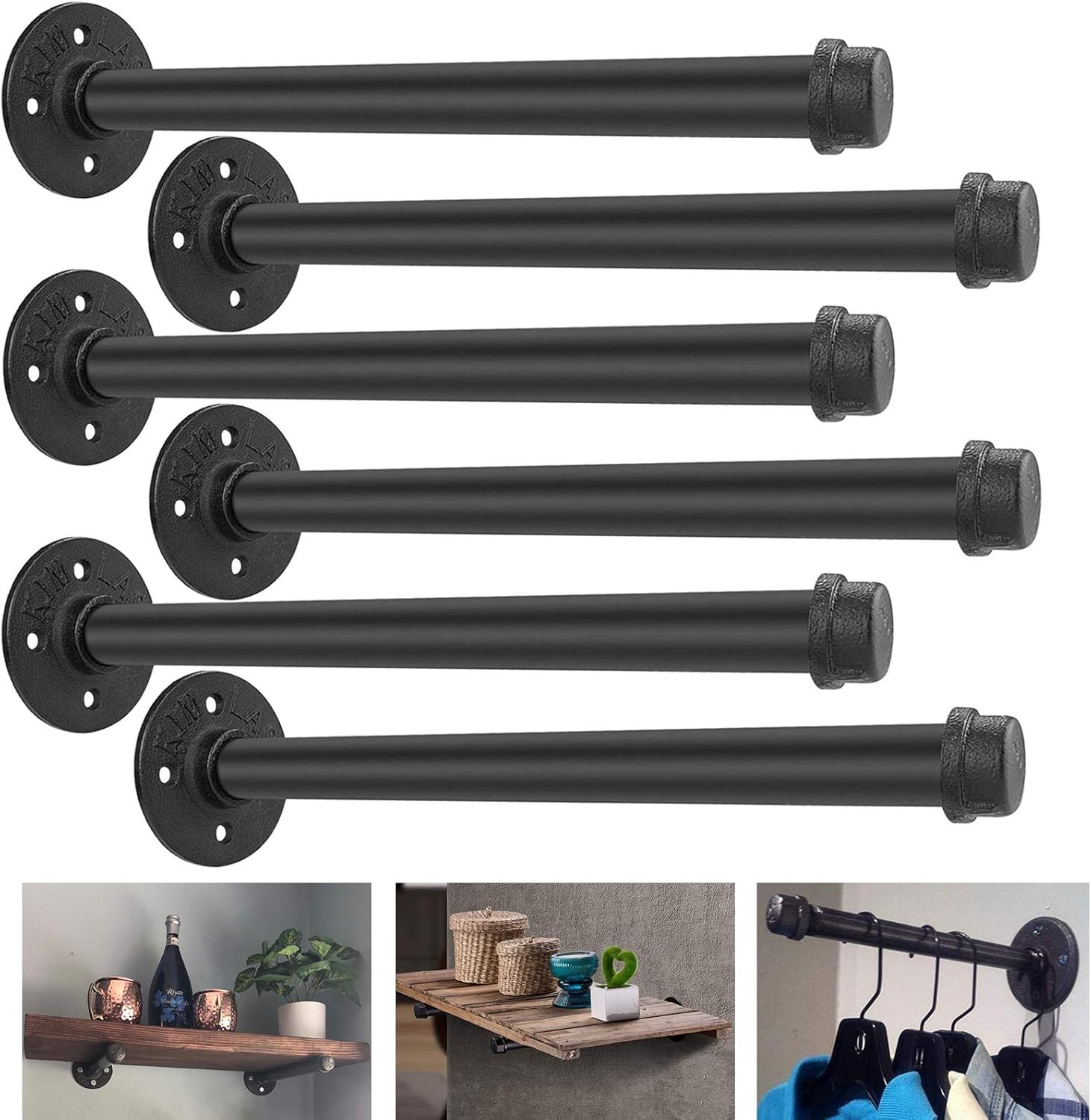 6 Pack Industrial Pipe Shelf Brackets 12 Inches Iron Floating Black Heavy Duty