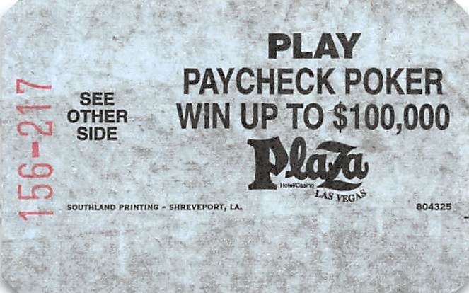 Plaza Casino - Las Vegas, NV - Paper Parking Ticket