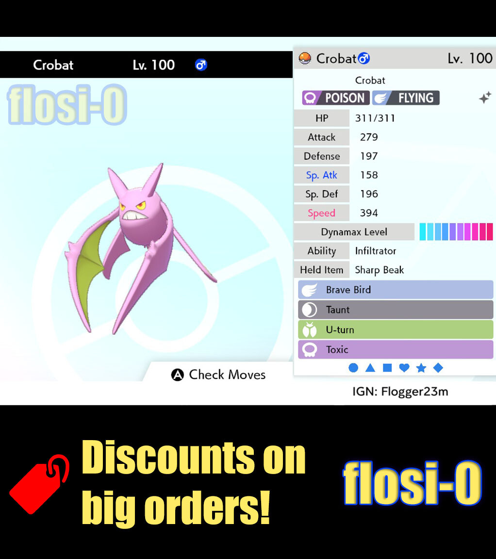 6IV Ultra Shiny Crobat Pokemon Sword and Shield (Square Shiny)