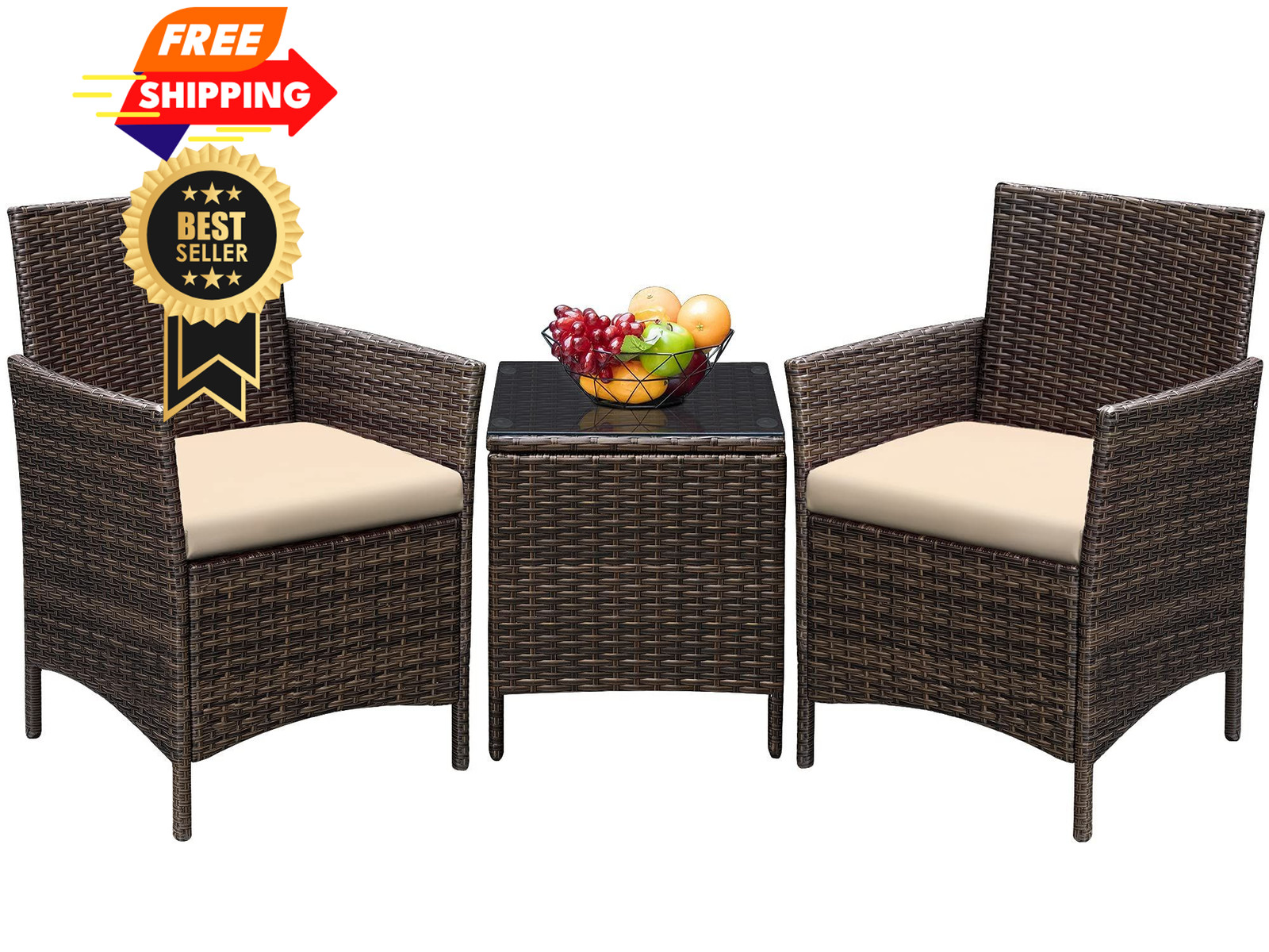 Greesum 3 Pieces Patio Furniture Sets 26.6x12.1x19.3 inches, Brown and Beige