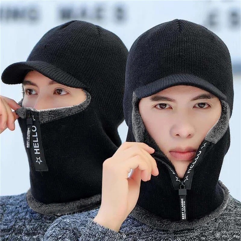 Warm Winter Knit Balaclava Hat With Visor Full Face Cover Thermal Outdoor Mask