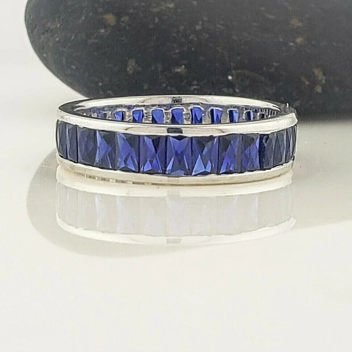 14K White Gold Plated Lab-Created Blue Sapphire Men Wedding Eternity Band 2Ct