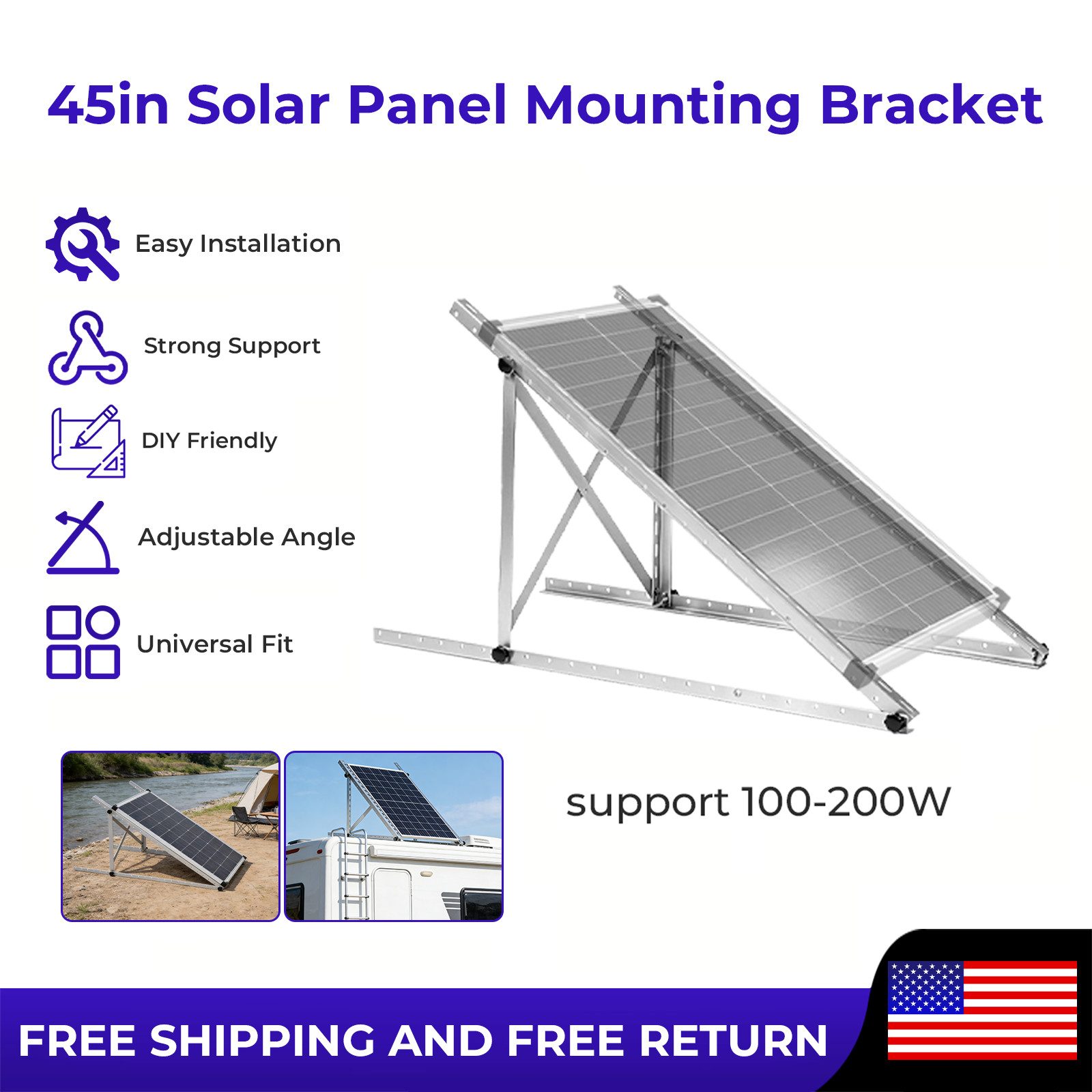 1 Set 45in Adjustable Solar Panel Mounting Brackets for Garden/Farm/RV/Boat US