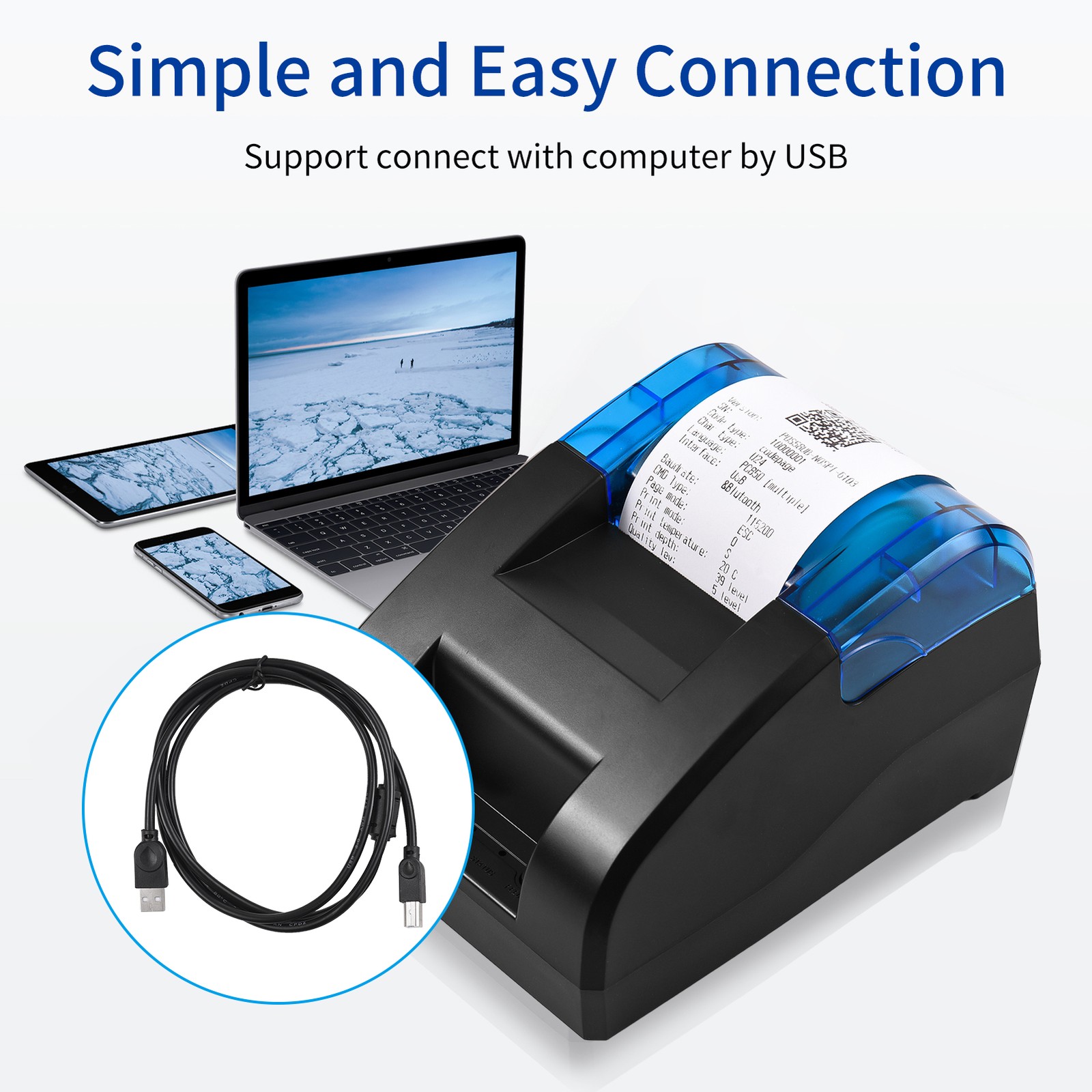 6-58mm Thermal Receipt Printer Desktop USB BT Wireless Connection Printer