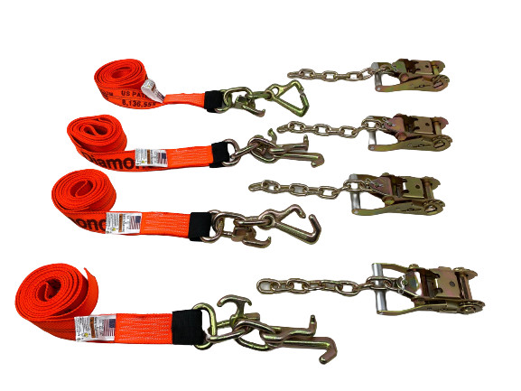 (4) | 2" x 10' RTJ Diamond Weave Straps with Chain Tail Ratchets Orange DW