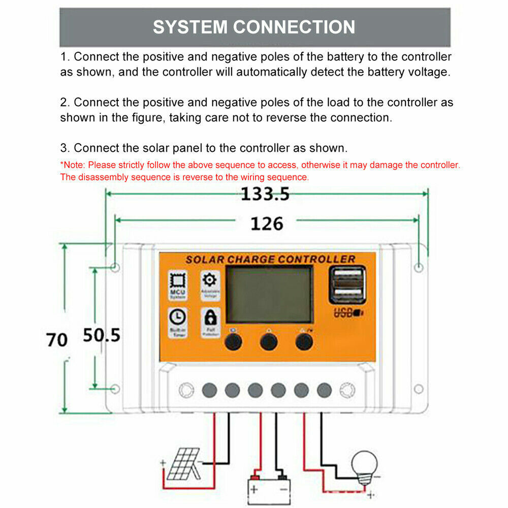 100A MPPT Solar Power Panel Regulator Charge LCD Controller 12/24V Dual USB
