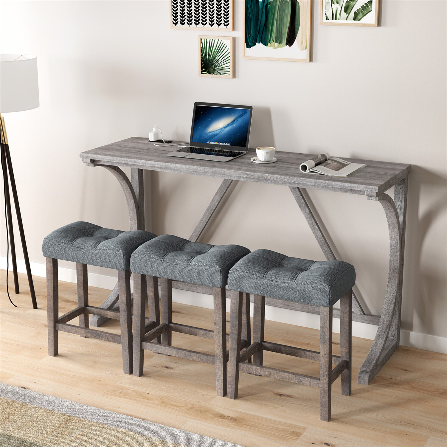 4 Piece Bar Table Set Counter Height Kitchen Dining Table with 3 Bar Stools US