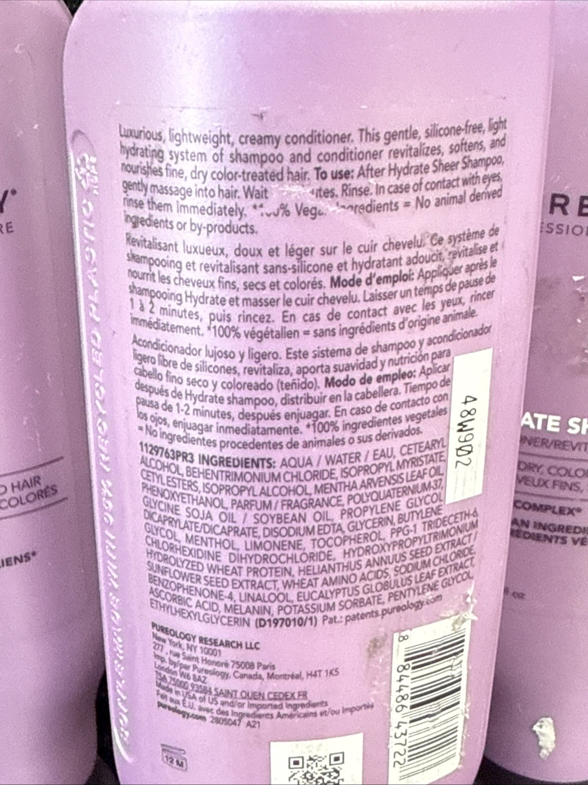 3x Pureology Hydrate Sheer Conditioner - 9 oz NEW