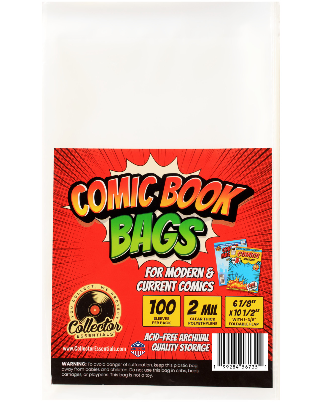 100 Modern Comic Sleeves Bags – Clear Polyethylene Bags 6.125 x 10.5 – Acid-Free