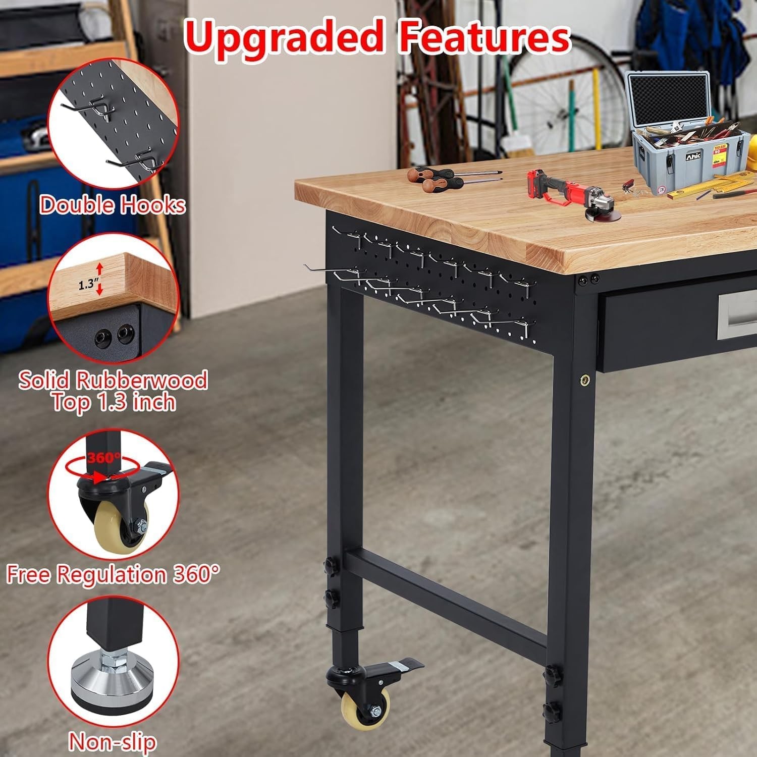48x24 Adjustable Workbench Heavy Duty Rubberwood Top 2000 Lb Capacity Drawer