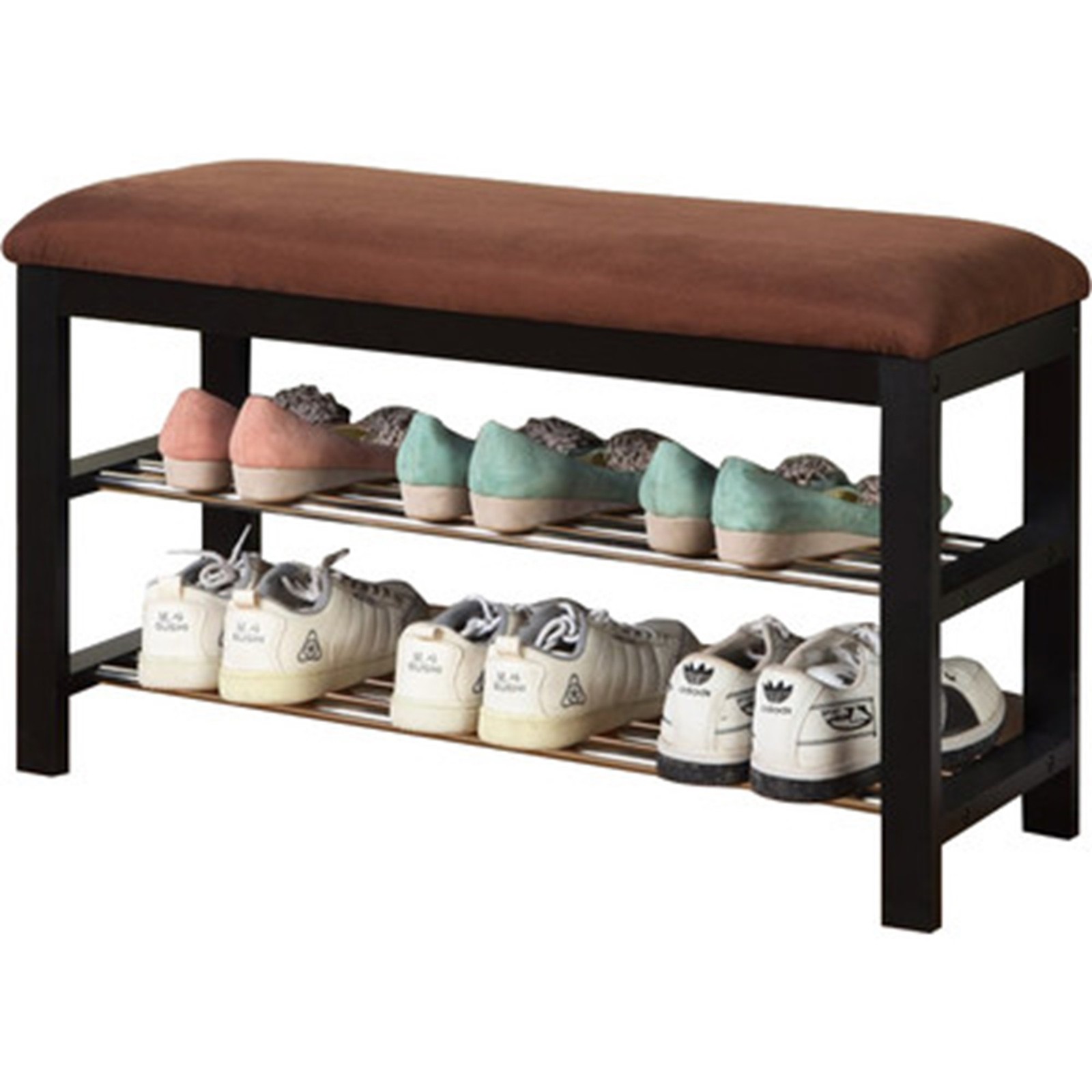 Roundhill Furniture Dark Espresso Wood Shoe Bench w/ Chocolate Microfiber Seat