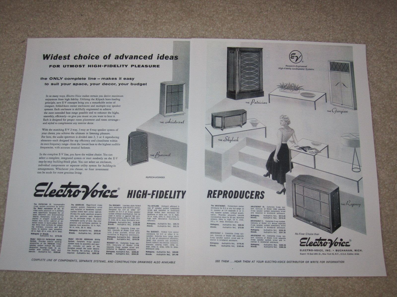 Electro-Voice 1954 Ad, Patrician, Georgian, Regency, Aristocrat, Skylark, Articl