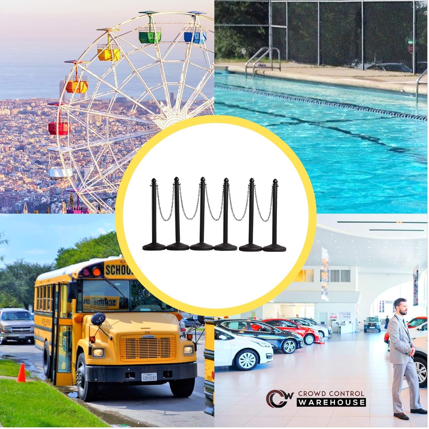 Plastic Stanchion Set 6 Black 2.5" Diameter w/ 50ft Chain Crowd Control