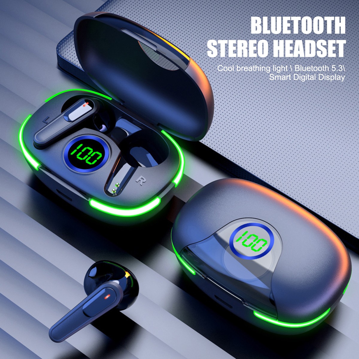 LED Display Wireless Bluetooth 5.3 Earbuds Waterproof Headset Noise Cancelling