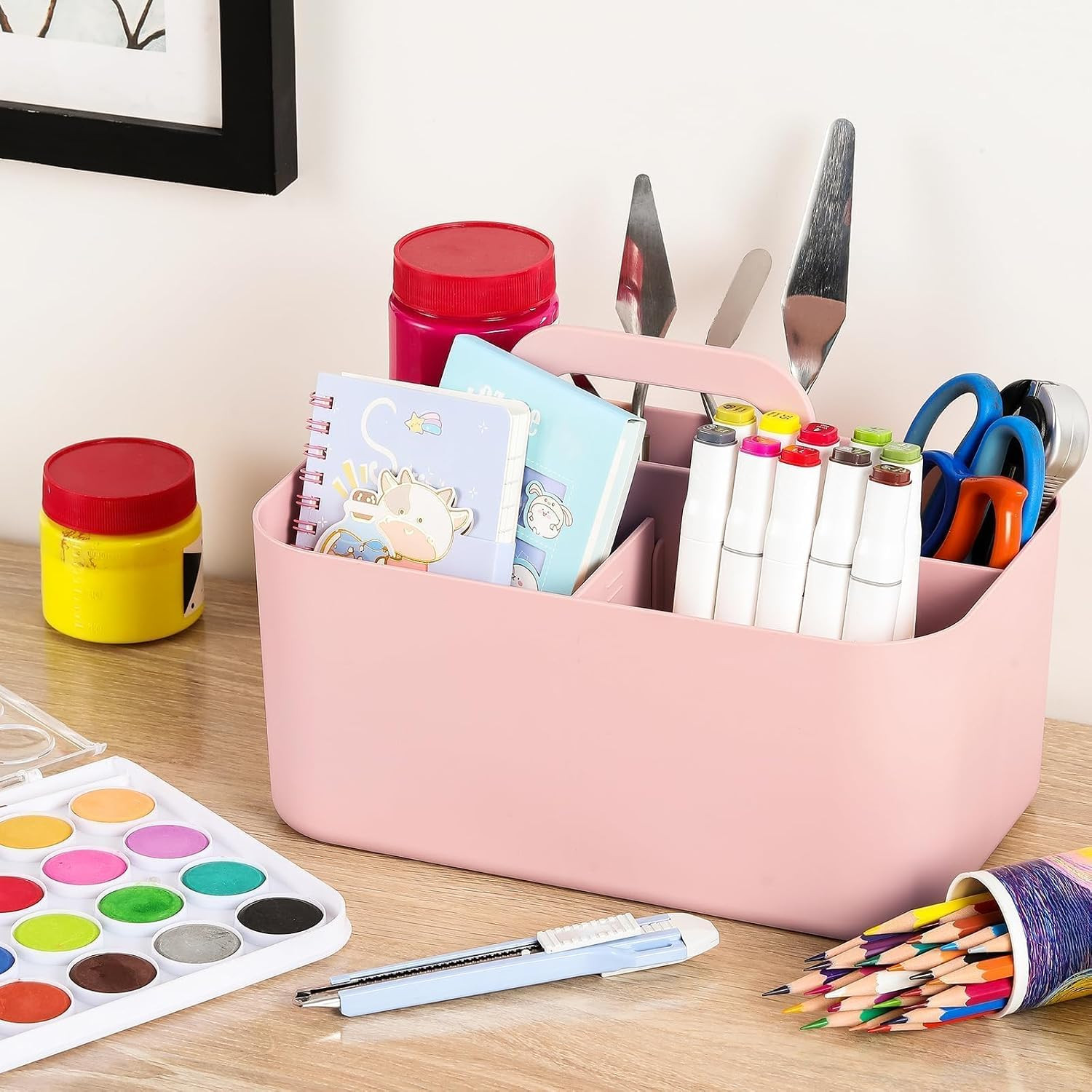 Multiuse Caddy Organizer with Handle, Portable Divided Plastic Tote Bin - Art Cr