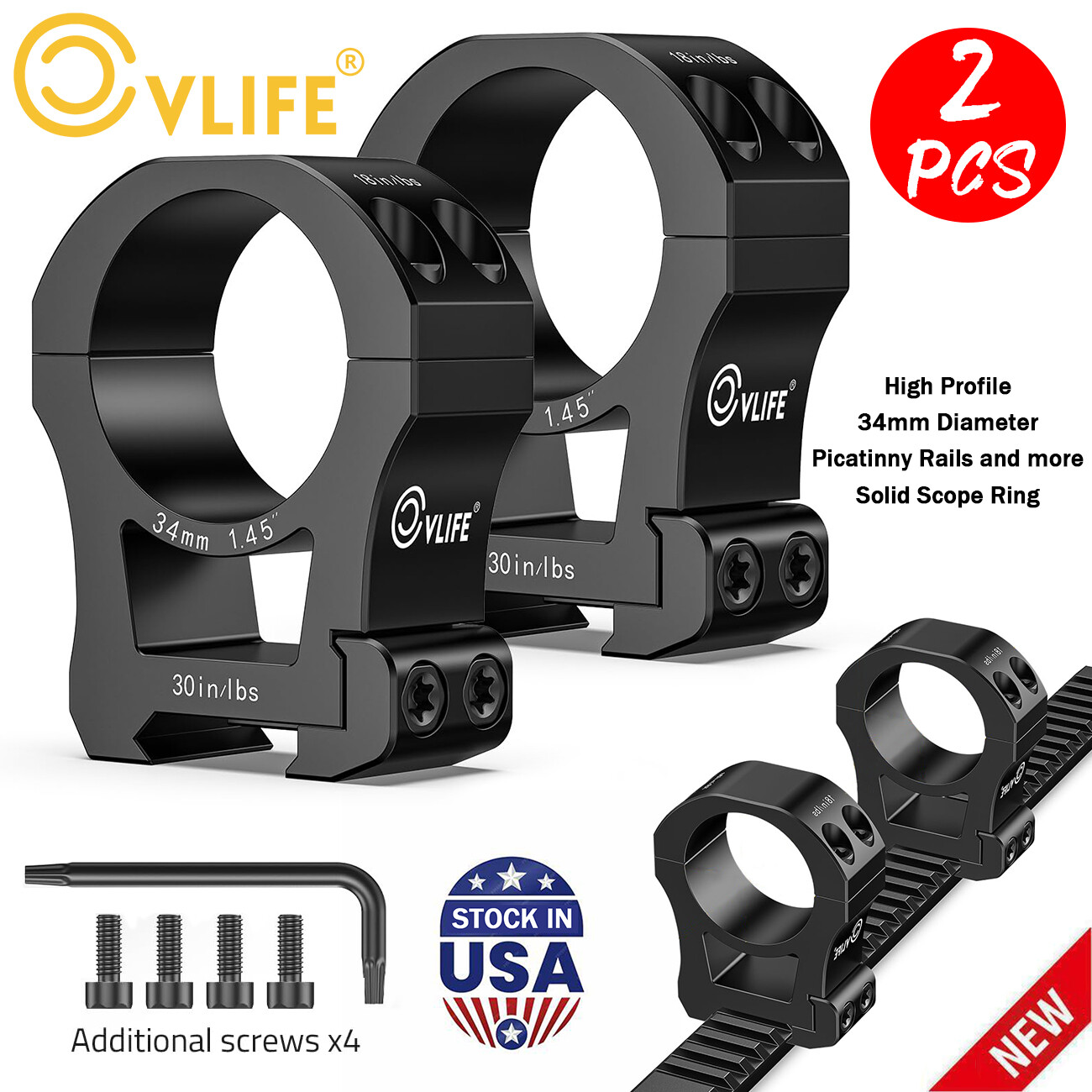 Aluminum 34mm Scope Ring Mount 1.45"-High Profile Fits For Picatinny Rail Mount