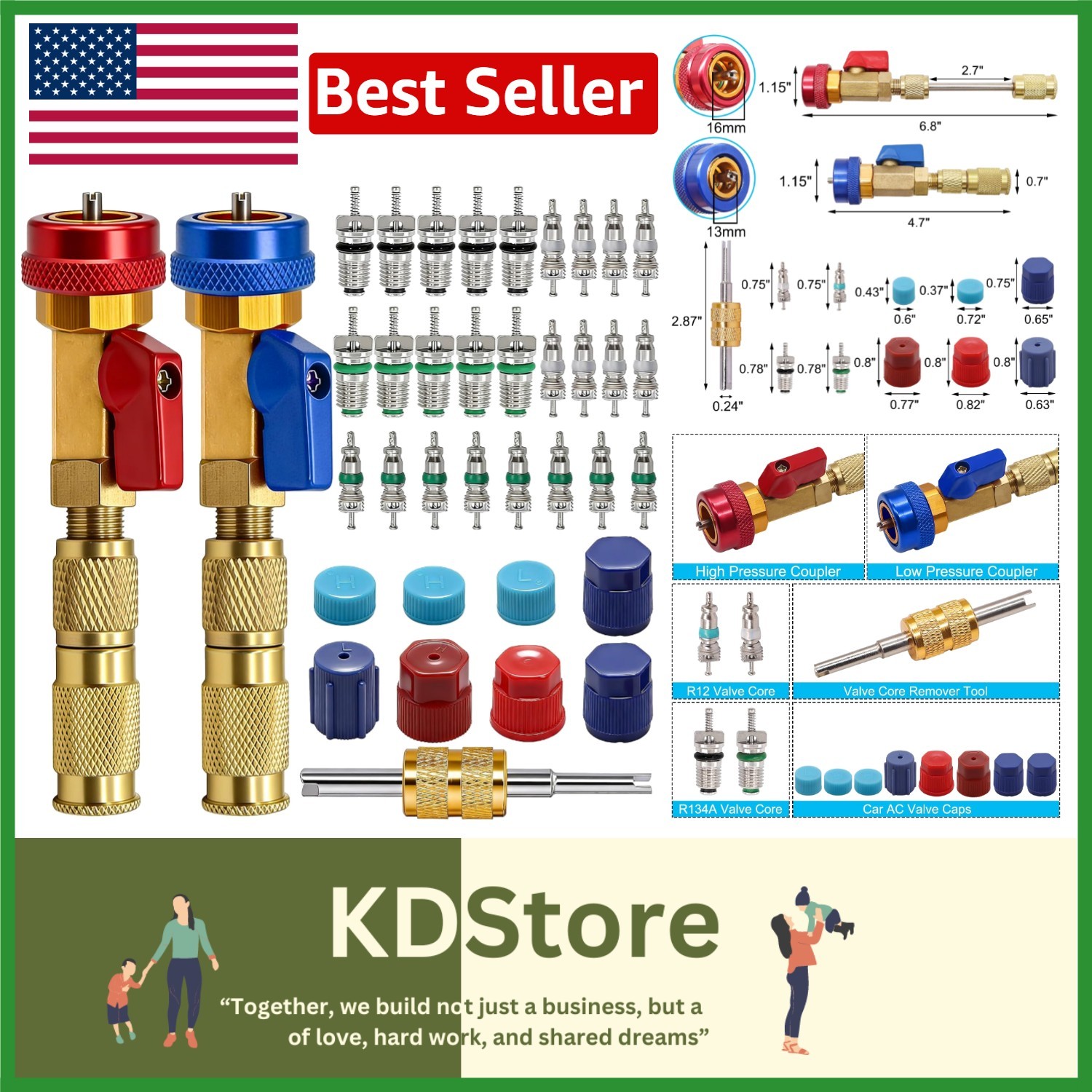 High & Low Pressure R134A Valve Core Tool Kit - 37pc for Automotive A/C Systems