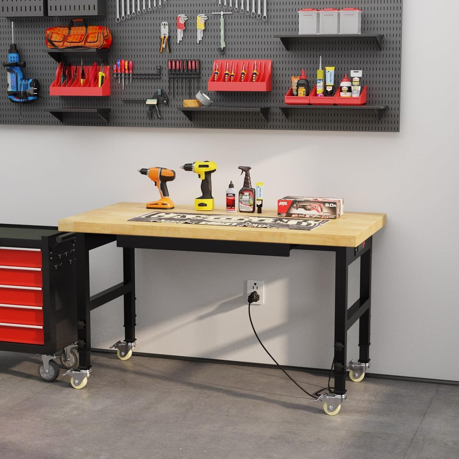 48" Heavy Duty Work Bench with Drawers, Adjustable Height Workbench with Wheels,
